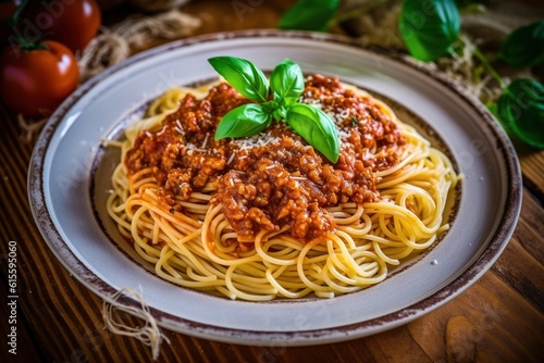 spaghetti with tomato sauce. Generative AI.