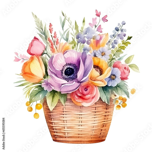 Cute watercolor flowers in basket. Illustration AI Generative.