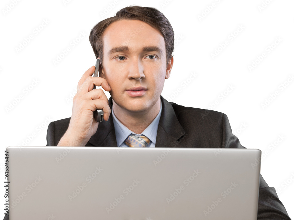 Portrait of a Businessman Working with Laptop and Talking on the Phone Portrait of a Businessman Working with Laptop and Talking on the Phone