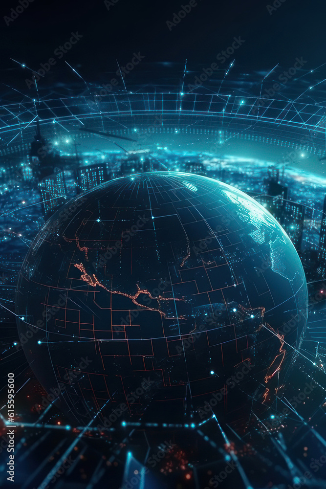 Fototapeta premium Internet networks over the planet Earth, neon colors. Vertical illustration. AI generative.
