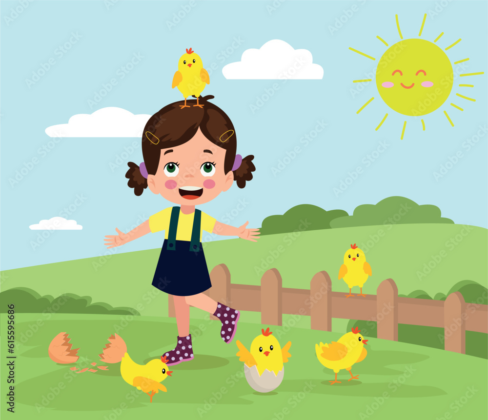 Fototapeta premium Cute little girl playing with chickens on the farm. Vector illustration