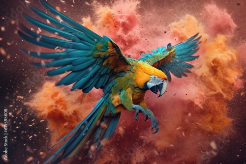 Ara parrot over colorful powder background. Illustration AI Generative.