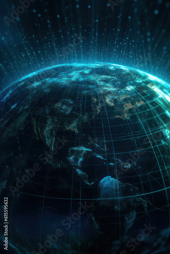 Internet networks over the planet Earth, neon light. Vertical illustration. AI generative.