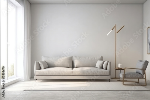 Tranquility and comfort define this living room with a comfortable white couch, minimalist decor, and natural light streaming in through the window. AI Generative.