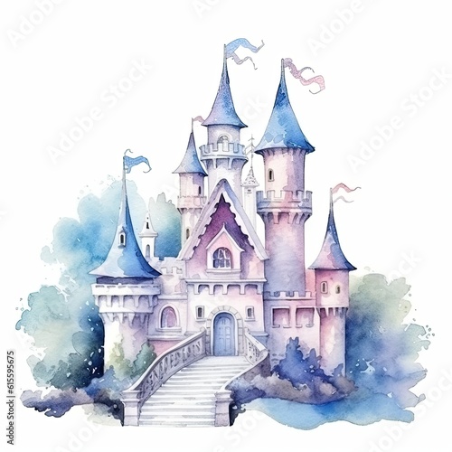 Cute watercolor princess castle. Illustration AI Generative.