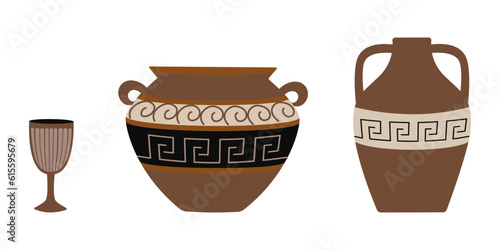 Set of Greek Ceramics with a pattern. Clay antique jug  pot and wineglass. Collection Ancient crockery. Vector illustration