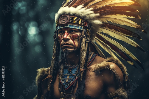 Native American warrior in traditional attire with an engaging atmosphere Generative AI