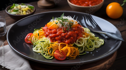 A plate of colorful vegetable spaghetti prepared with a spiralizer, accompanied by a light tomato sauce