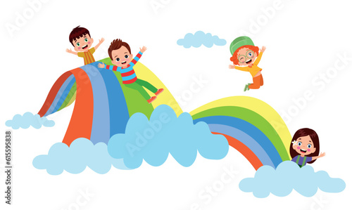 Happy kids playing on a rainbow. Vector cartoon illustration isolated on white background.