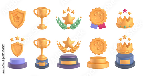 Golden award icons. Set with rewards, prizes and trophies for winners. Volumetric shining crown, medals, stars and goblets. UI Achievement Badges. 3d vector collection isolated on white background