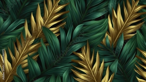 Green and golden luxury background with tropical leaves. Illustration AI Gene...