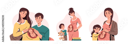 Happy pregnant women set. Smiling parents and children expecting newborn baby. Young mothers prenatal belly care. Caring, parenthood and kids concept. Cartoon flat vector isolated on white background