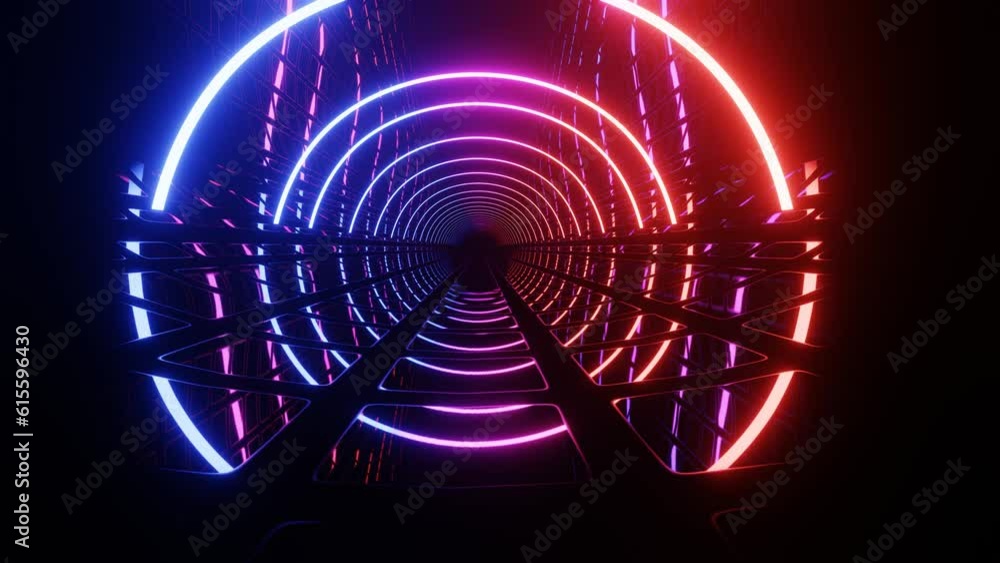 Hitech neon scifi tunel. Trendy neon glow lines form pattern and