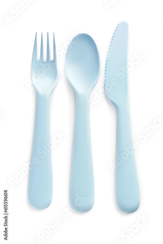 Plastic cutlery for baby on white background