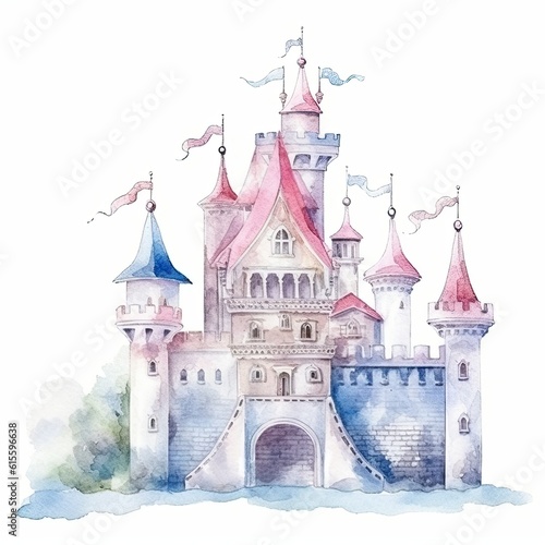 Cute watercolor princess castle. Illustration AI Generative.