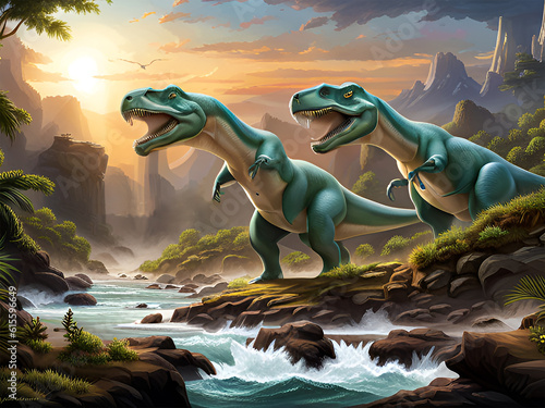 Fantasy colorful prehistoric desert landscape with two huge dinosaurs - AI generated