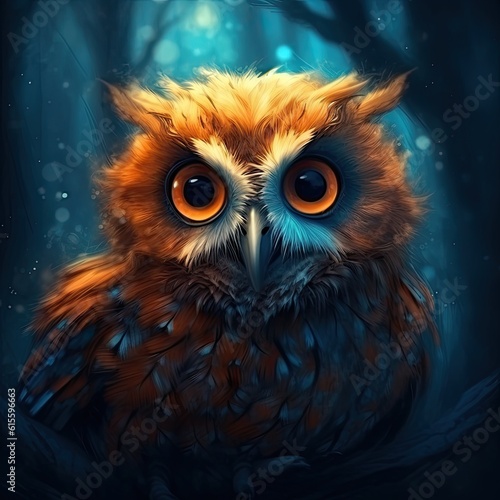 Cute owl with big eyes. Illustration AI Generative. © olegganko