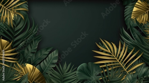 Green and golden luxury background with tropical leaves. Illustration AI Generative.