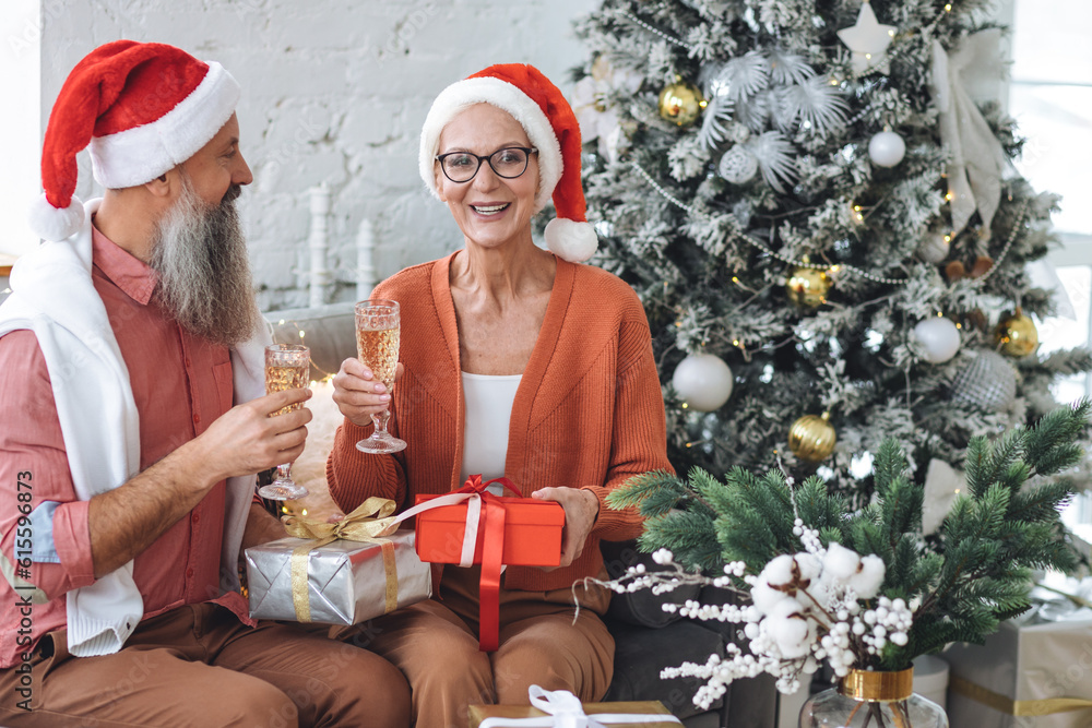 Fototapeta premium Happy loving senior couple having fun on New Year party near Christmas tree. Mature man and woman smiling, drinking champaign, exchanging gifts. Concept of active life and leisure of pensioner