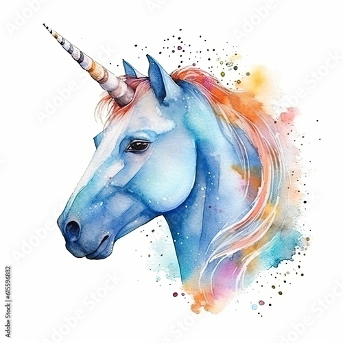 Cute watercolor unicorn. Illustration AI Generative.