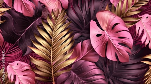 Pink and golden luxury background with tropical leaves. Illustration AI Gener...