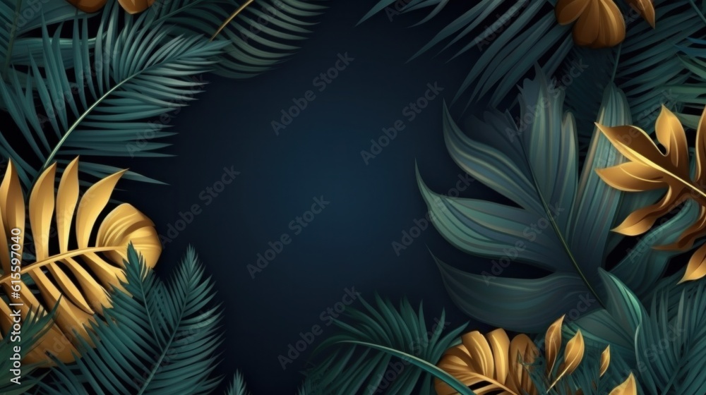 Blue and golden luxury background with tropical leaves. Illustration AI Generative. Blue and golden luxury background with tropical leaves. Illustration AI Generative.