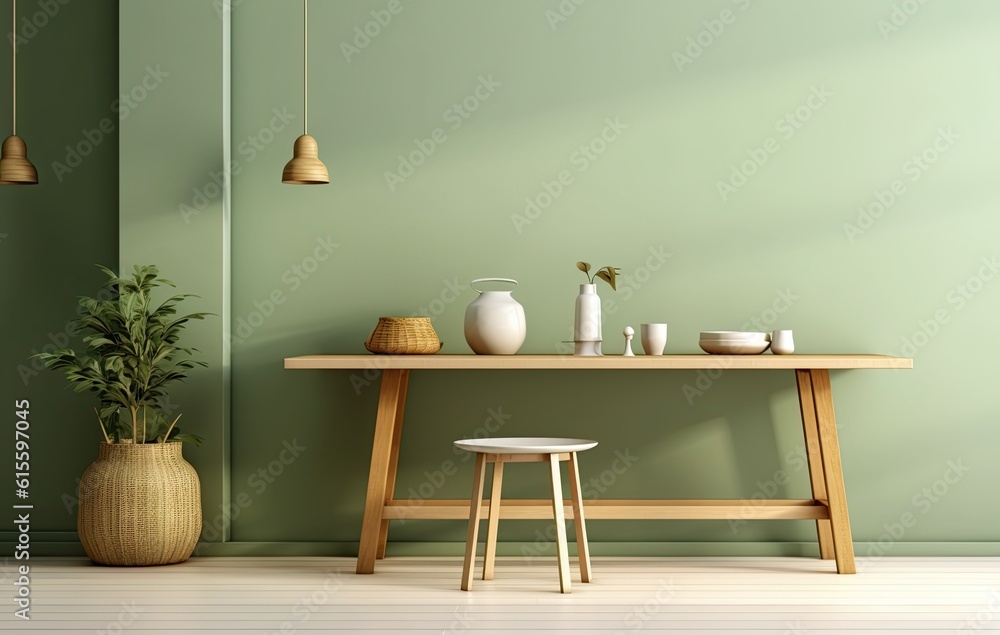 Table on green kitchen. Illustration AI Generative. Table on green kitchen. Illustration AI Generative.