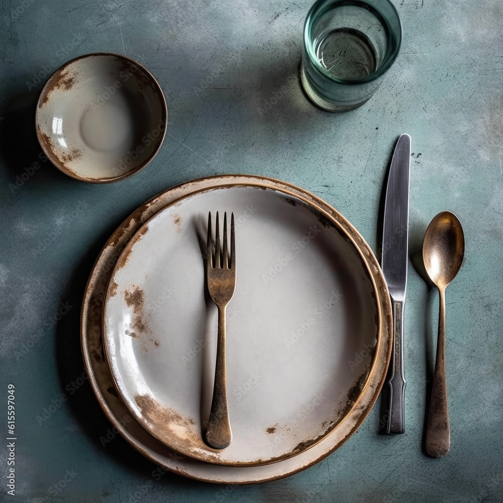 Empty rustic plate on table. Illustration AI Generative. Empty rustic plate on table. Illustration AI Generative.