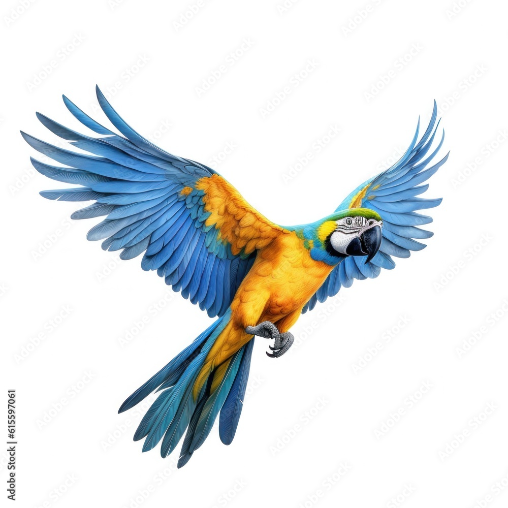 Blue and yellow macaw isolated. Illustration AI Generative