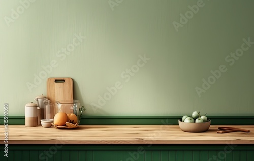 Table on green kitchen. Illustration AI Generative.