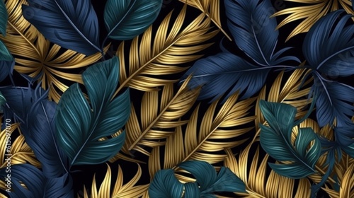 Blue and golden luxury background with tropical leaves. Illustration AI Gener...