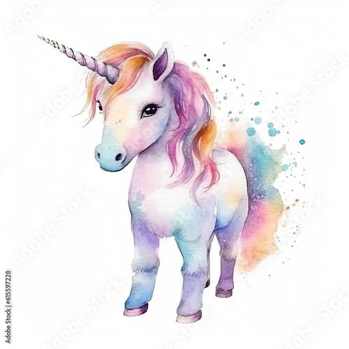 Cute watercolor unicorn. Illustration AI Generative.