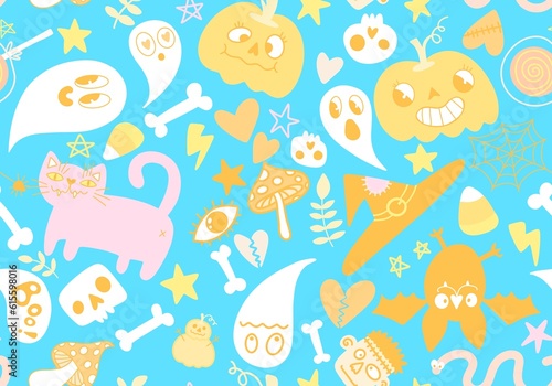 Cartoon Halloween seamless pumpkins and skulls and ghost and cat pattern for wrapping paper and fabrics © Tetiana