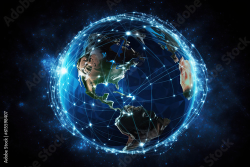 Internet network connection. Map of the planet Earth, world map. Global social network and technology. America, USA