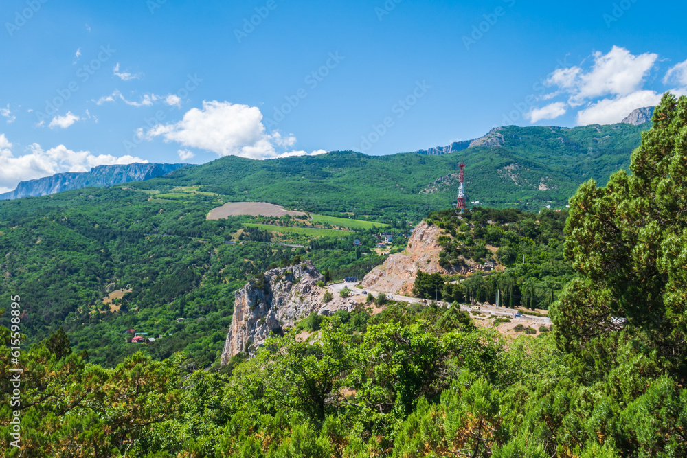 Beautiful green trees grow from the mountain on top of the cliff against the backdrop of the azure sea. Beautiful green trees grow from the mountain on top of the cliff against the backdrop of the azure sea.