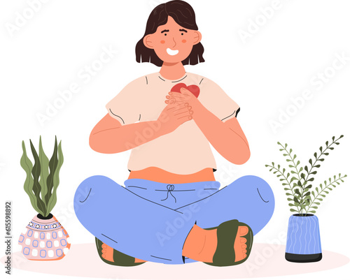 Woman holds her hands on her chest, sign of cordiality, love, gratitudeEmotions of happiness, body language. Girl shows positive gestures.
