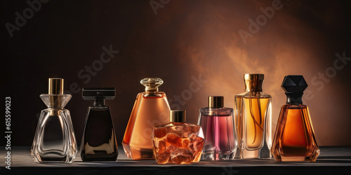 Collection of transparent multi color glass perfume bottles. Art composition still life. Stylish parfumerie banner. Generative AI.