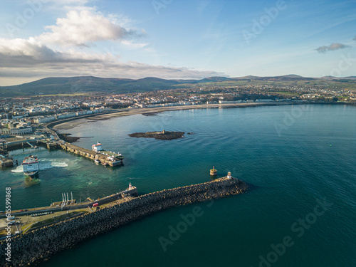 Douglas, Isle of Man - 25 March 2023: view of Douglas Bay with the entrance to Douglas South Quay Harbour, Isle of Man Sea Terminal, and Central Promenade