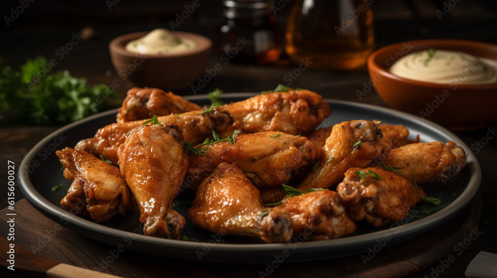 A plate of savory chicken wings, perfectly seasoned and served with a creamy dipping sauce A plate of savory chicken wings, perfectly seasoned and served with a creamy dipping sauce