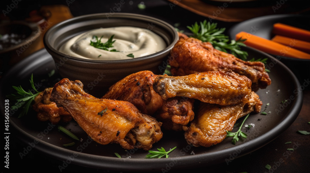 A plate of savory chicken wings, perfectly seasoned and served with a creamy dipping sauce