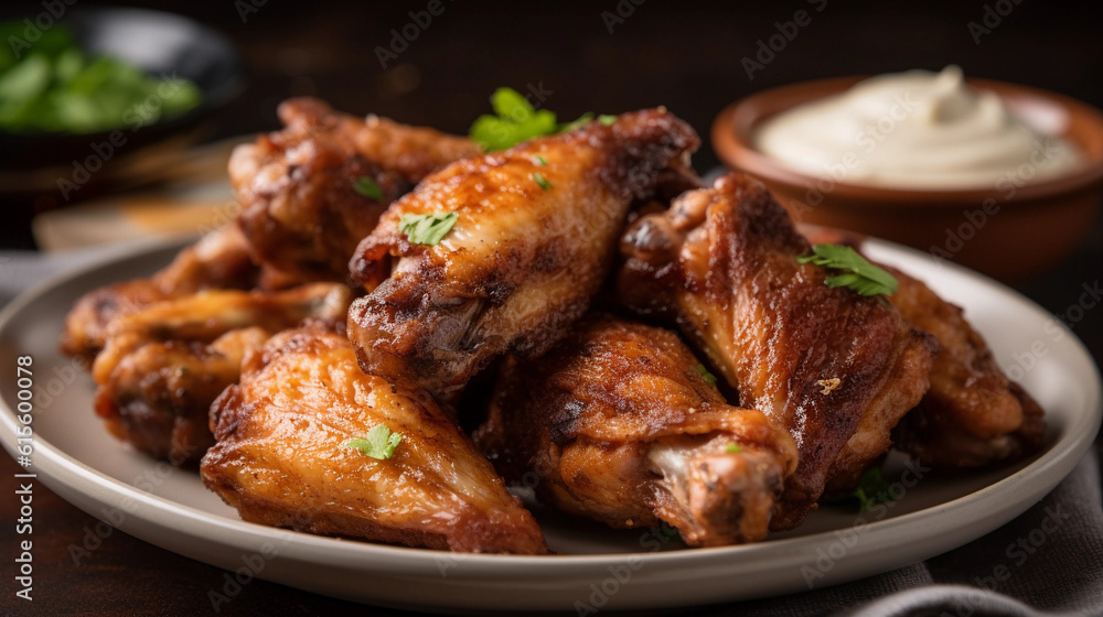 A plate of savory chicken wings, perfectly seasoned and served with a creamy dipping sauce A plate of savory chicken wings, perfectly seasoned and served with a creamy dipping sauce