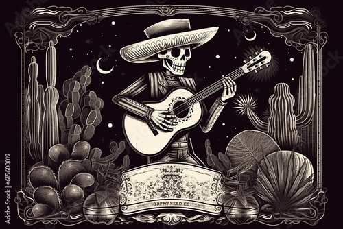 Cinco de mayo monochrome vintage label with mariachi skeleton in sombrero and charro outfit playing trumpet against cactuses at night