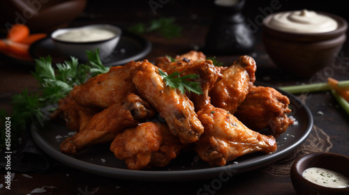 A plate of savory chicken wings, perfectly seasoned and served with a creamy dipping sauce © Milan