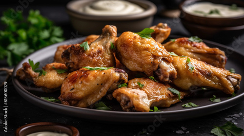 A plate of savory chicken wings, perfectly seasoned and served with a creamy dipping sauce