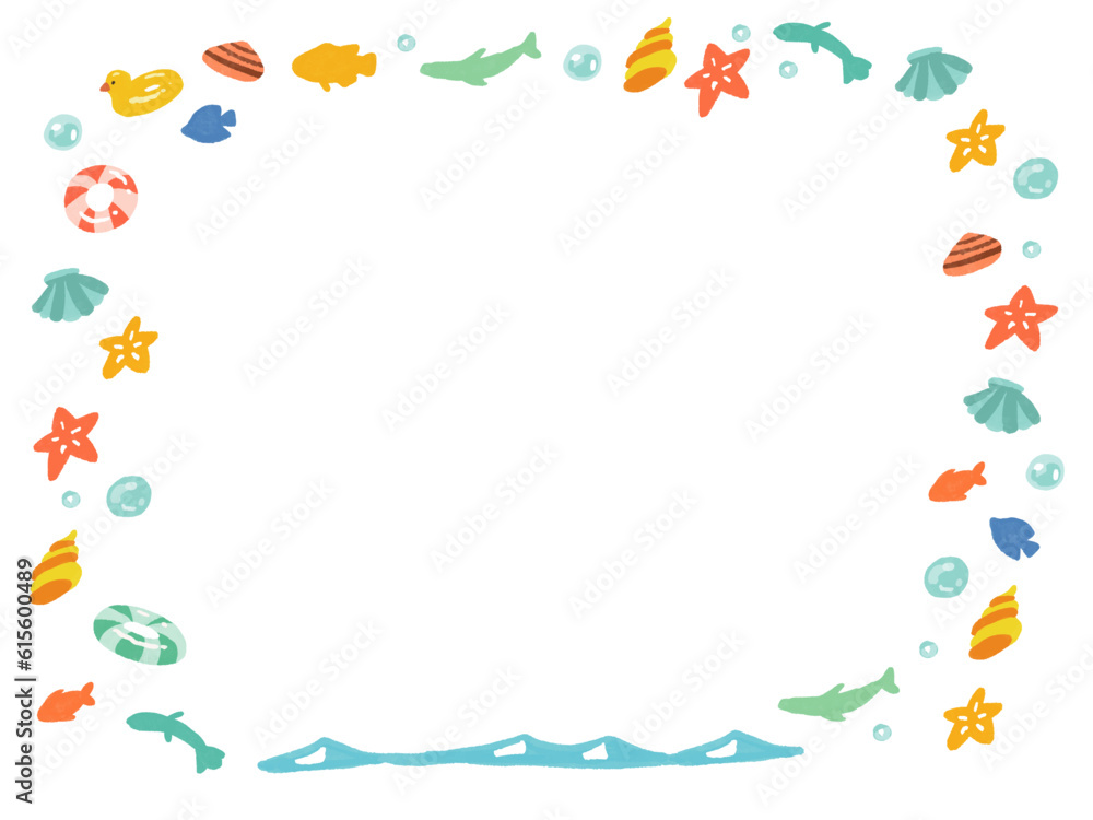 夏・海イメージのカラフルな手書き水彩風フレーム