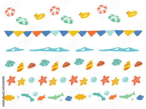 夏イメージのカラフルな手書き水彩風ライン イラストセット