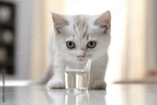 Cat drinks water from a glass bowl. The benefits of water. Pet health. Cute, fluffy and funny kitten wants to drink. Healthy food and diet for animals. No people. Light modern interior, white kitchen