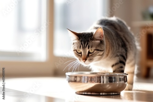Cat drinks water from animal bowl. The benefits of water. Pet health. Cute, fluffy and funny kitten wants to drink. Healthy food and diet for animals. No people. Light modern interior, white kitchen