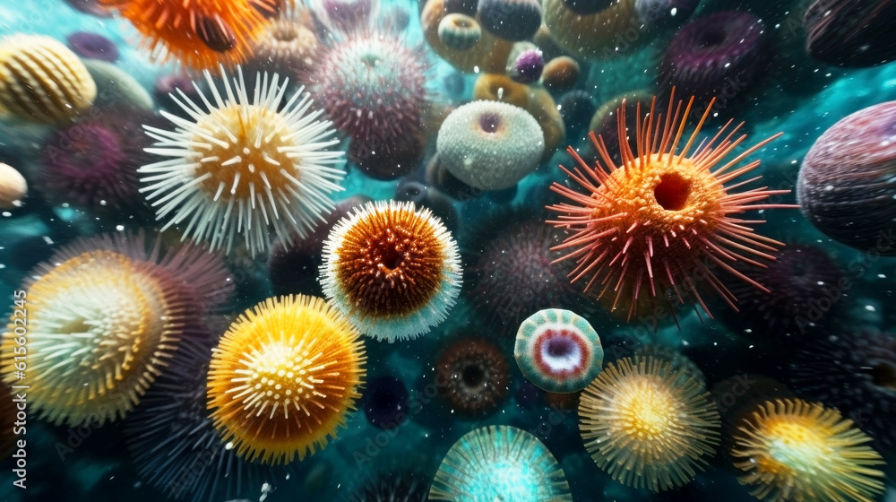 Changing the color and texture of the shells of sea urchins due to ocean acidification. The concept of environmental damage and climate change. Banner Changing the color and texture of the shells of sea urchins due to ocean acidification. The concept of environmental damage and climate change. Banner