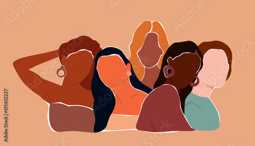 A group of women together. Lovely different female strength. Abstract contemporary vector graphics.